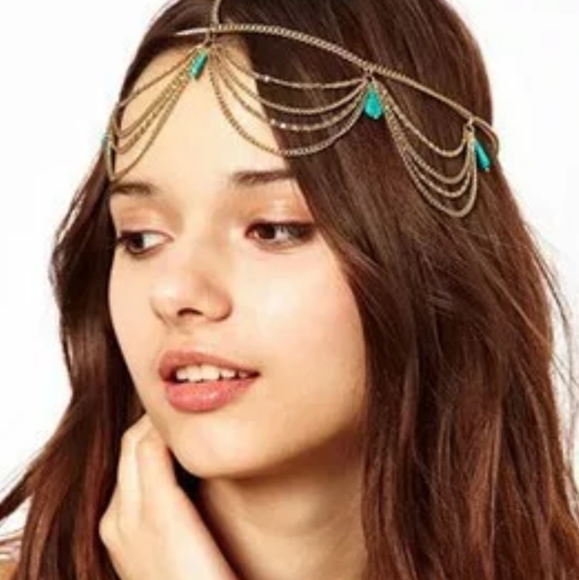 Multi layer choker headpiece  crescent moon beads and blue green turquoise stone - Picture 1 of 1